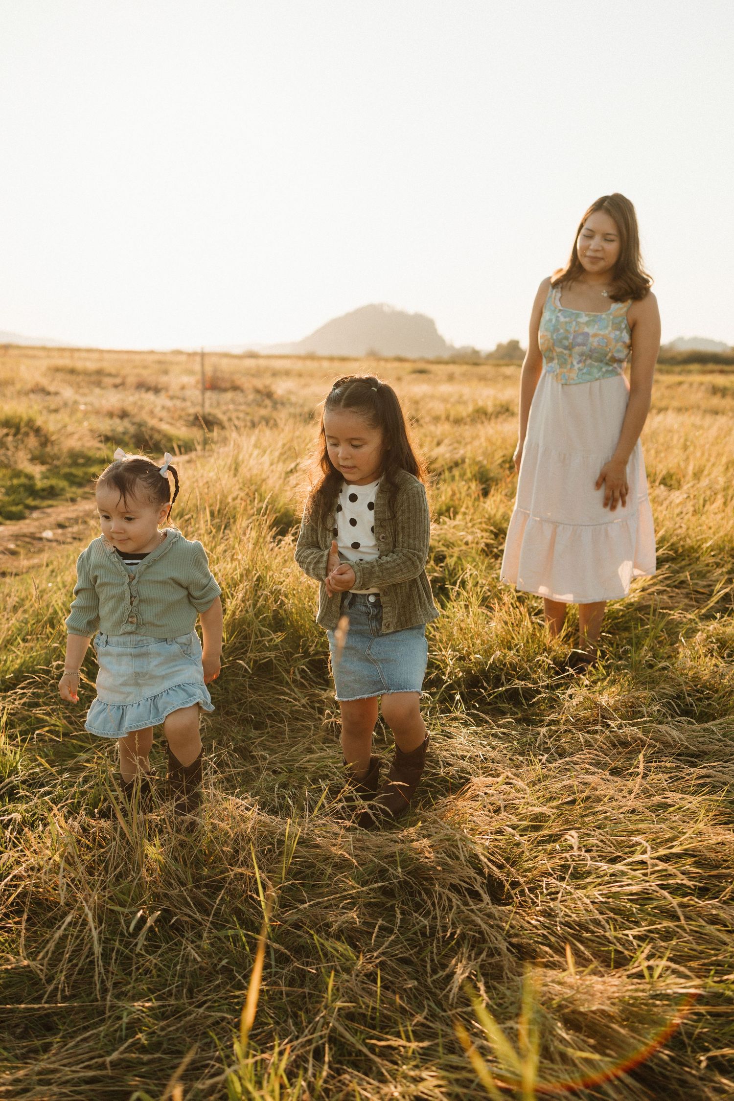 Family portrait in a sunlit field with tall grass during golden hour.