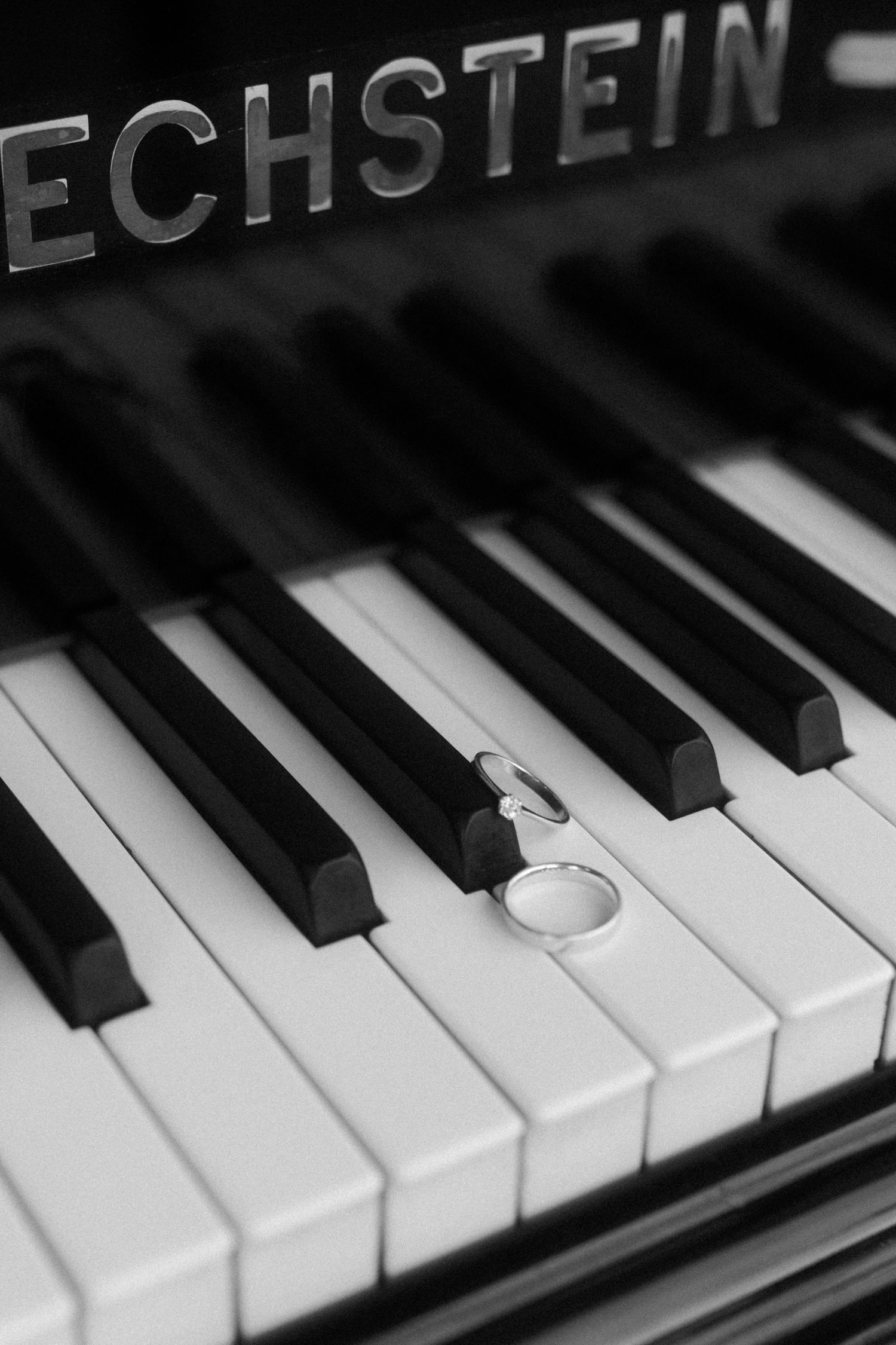 Close-up view of black and white piano keys on an Echstein piano.