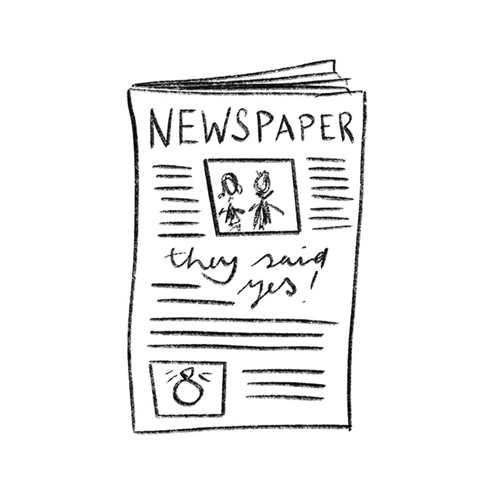 Hand-drawn illustration of a newspaper layout with text blocks and image placeholders.
