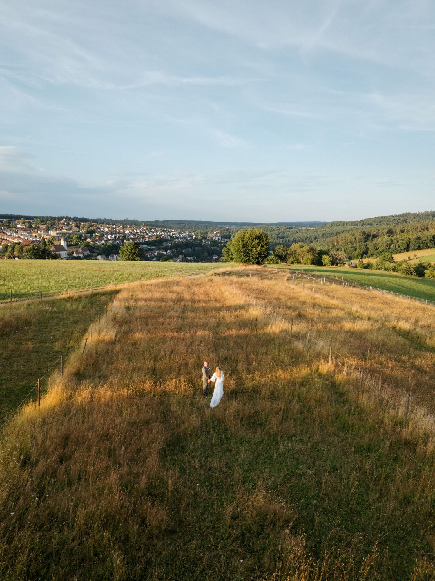 A panoramic view of golden fields with rolling hills and distant houses.
