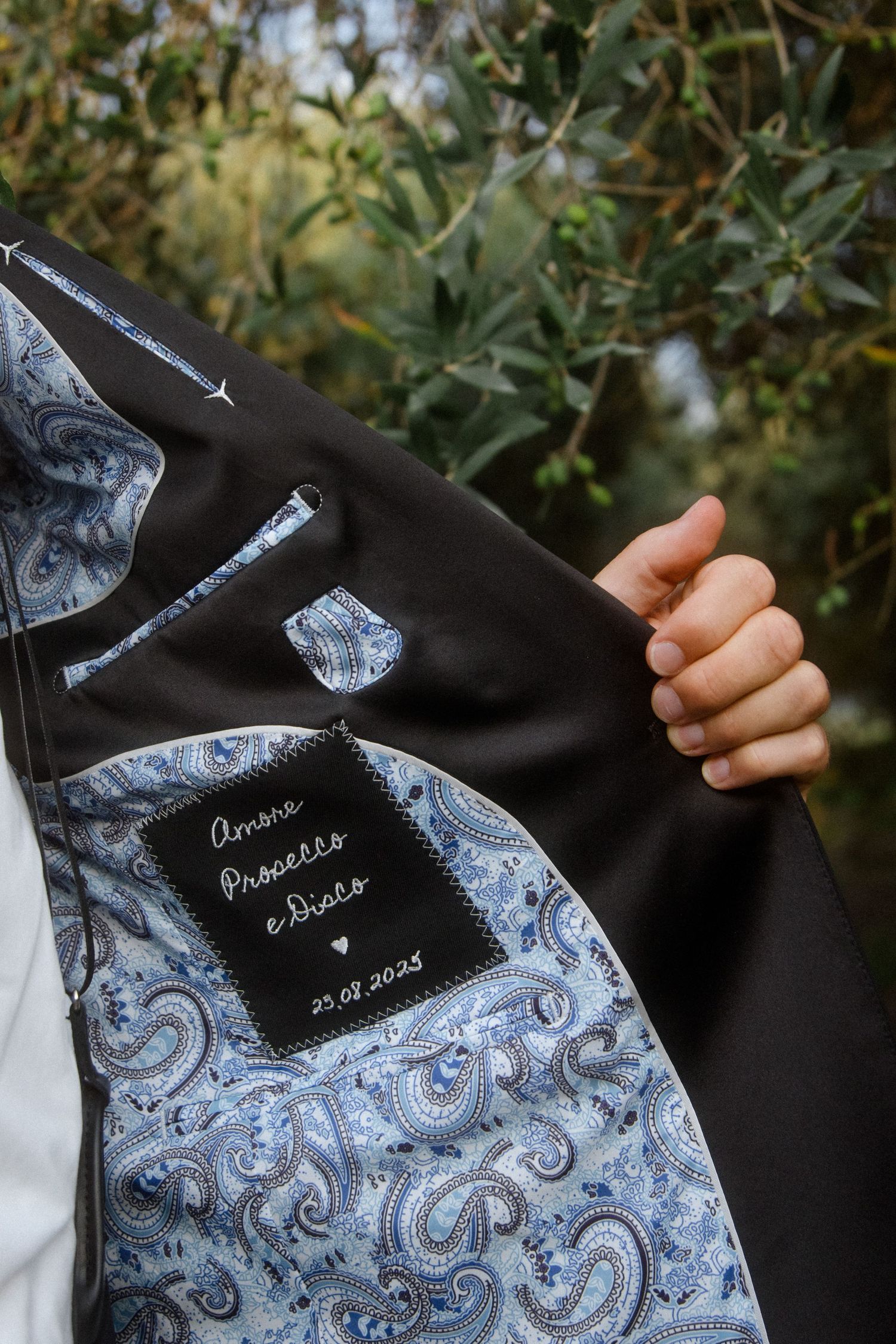 Close-up shots of a black and blue patterned fabric with text details.