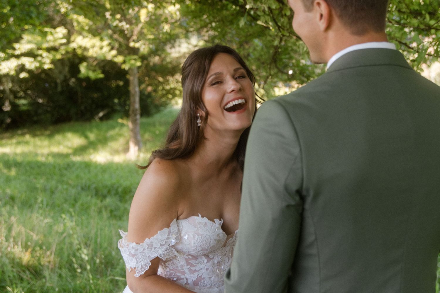Joyful wedding moment captured in a series of photos under green summer trees.