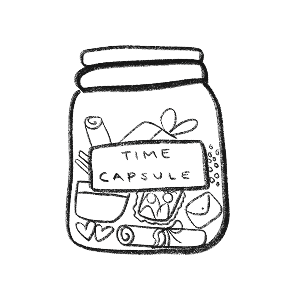 Simple line drawing of a mason jar labeled 'time capsule' with decorative elements around it.