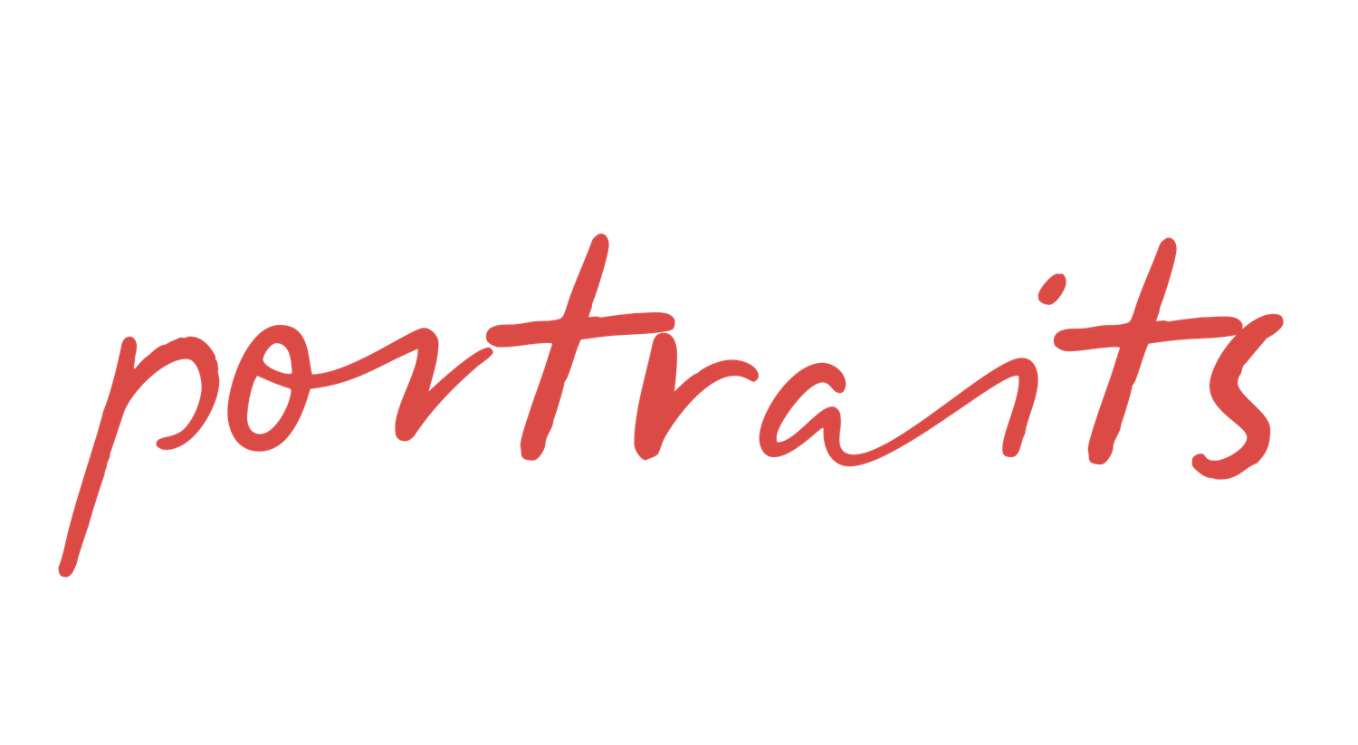 Red cursive handwriting spelling out 'portraits' against white background.