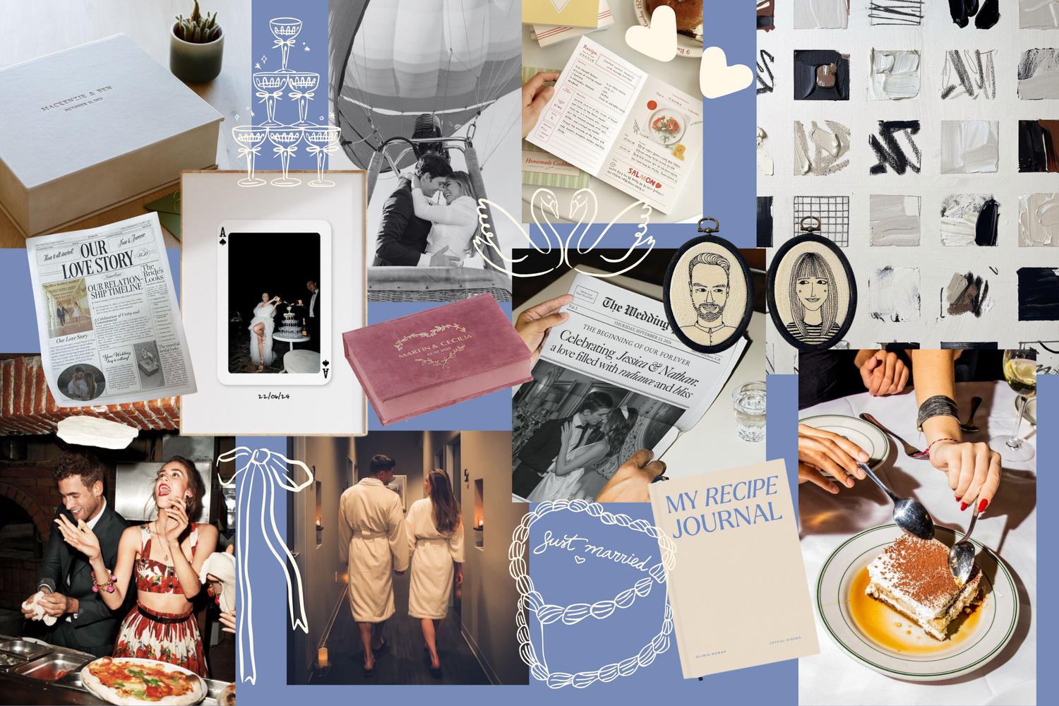 Vintage-inspired wedding planning mood board with black and white photographs and ephemera.