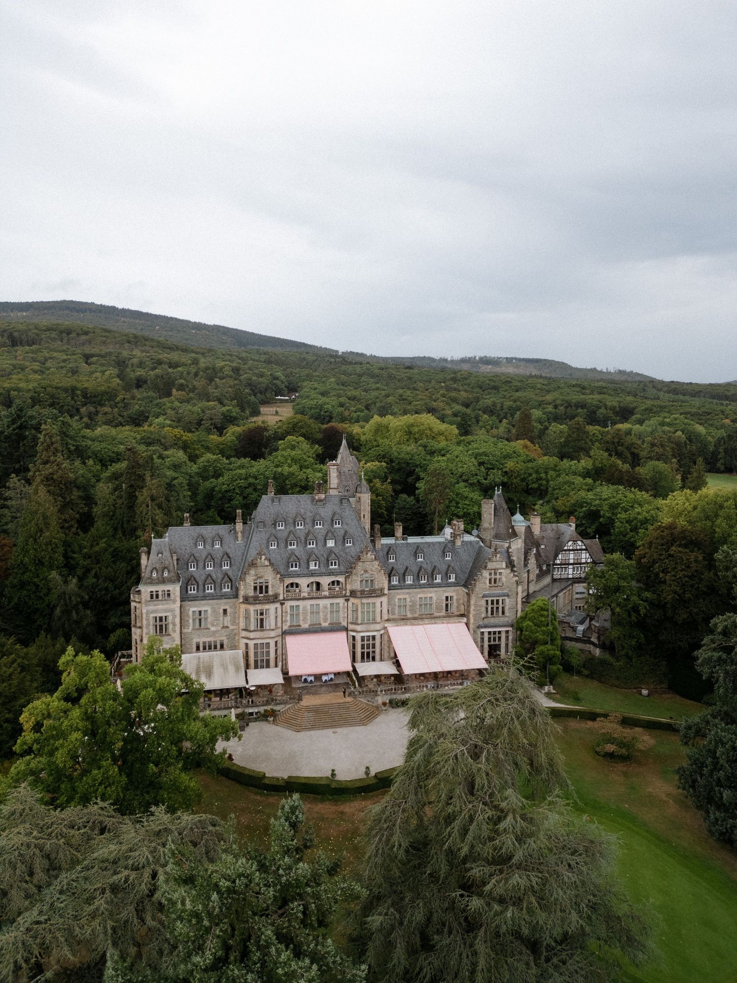 Aerial view of a grand Gothic castle surrounded by lush green grounds and forest.