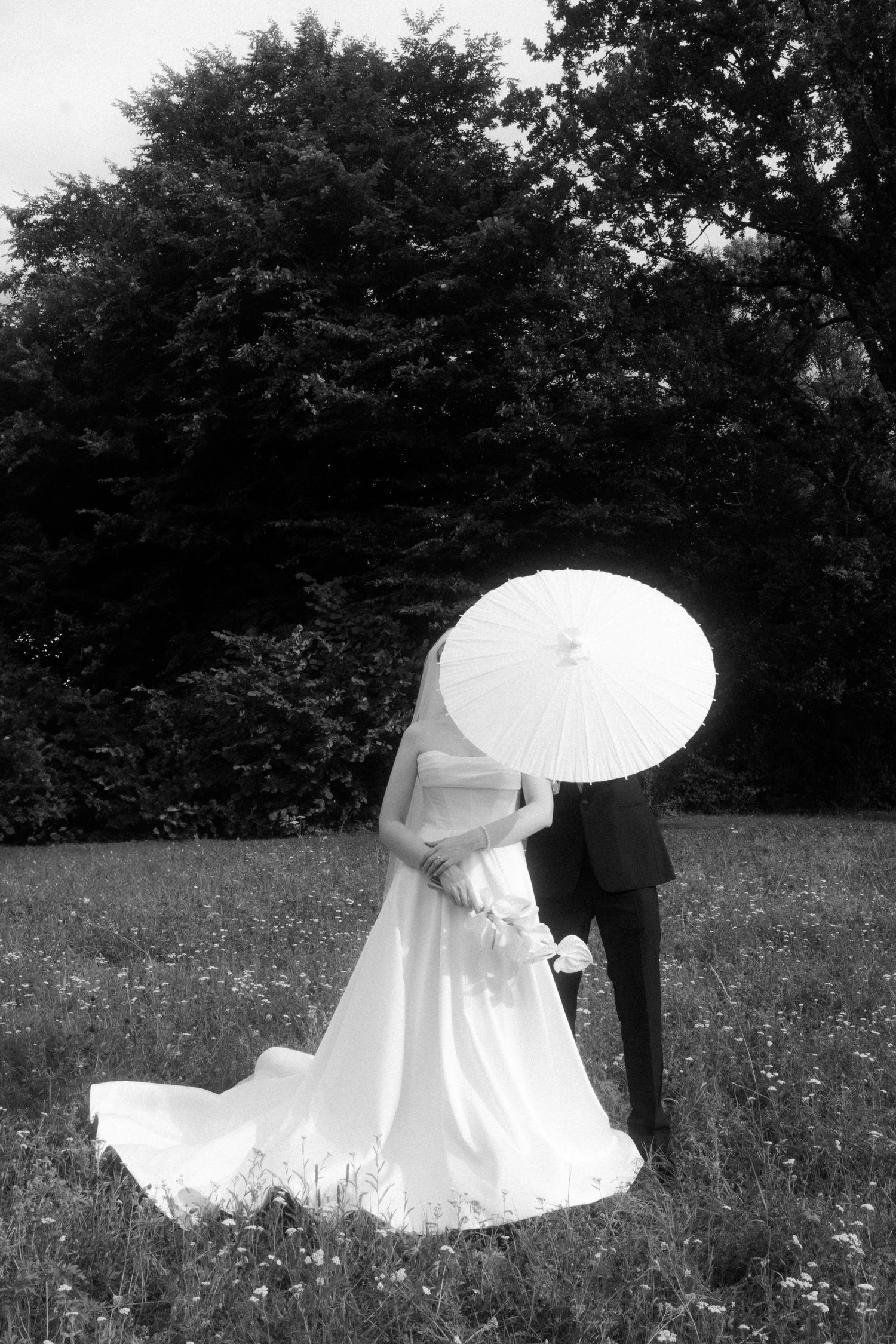 Black and white portrait of a wedding couple with parasol in a meadow.