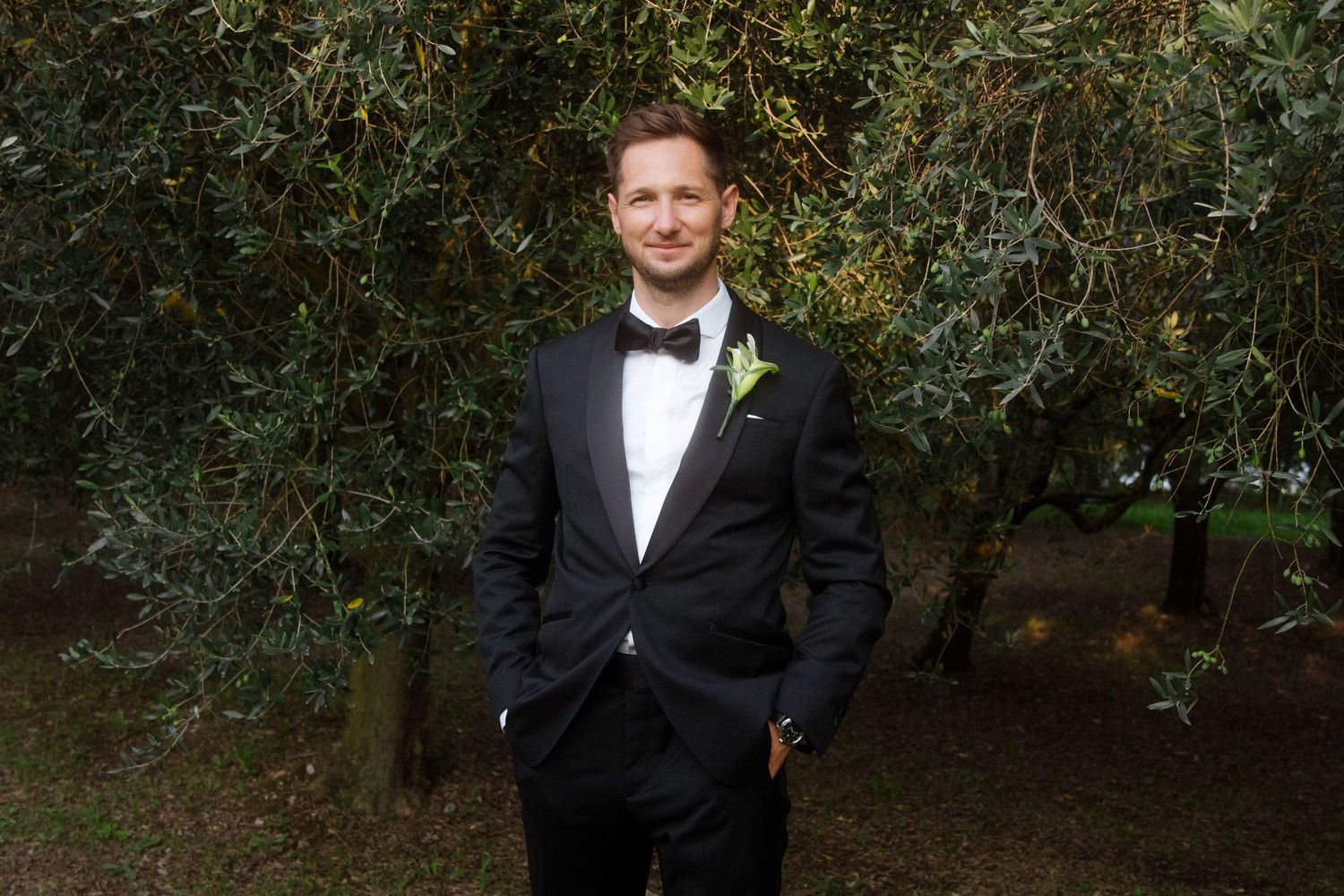 A series of wedding portraits taken in a scenic olive grove.
