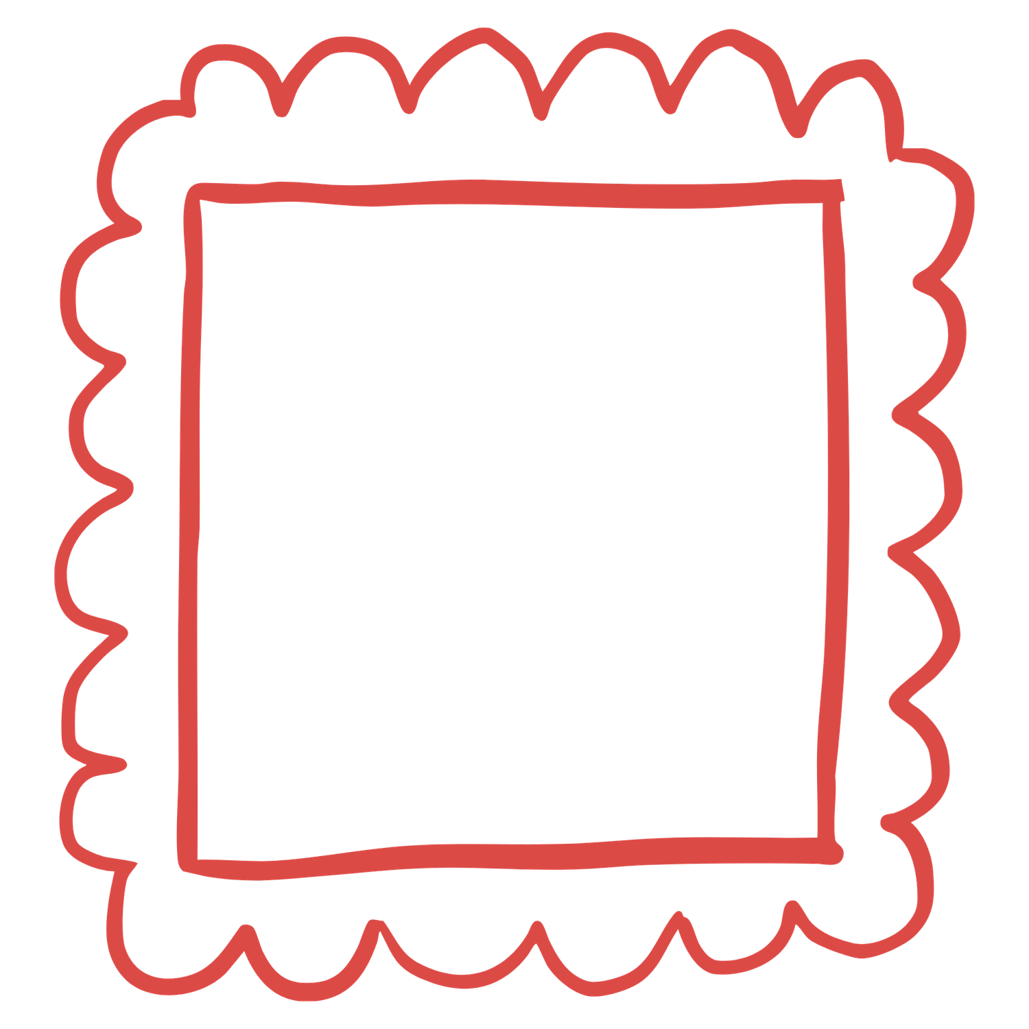 Red hand-drawn scalloped border frame with inner square, decorative doodle style element for cards and stationery.