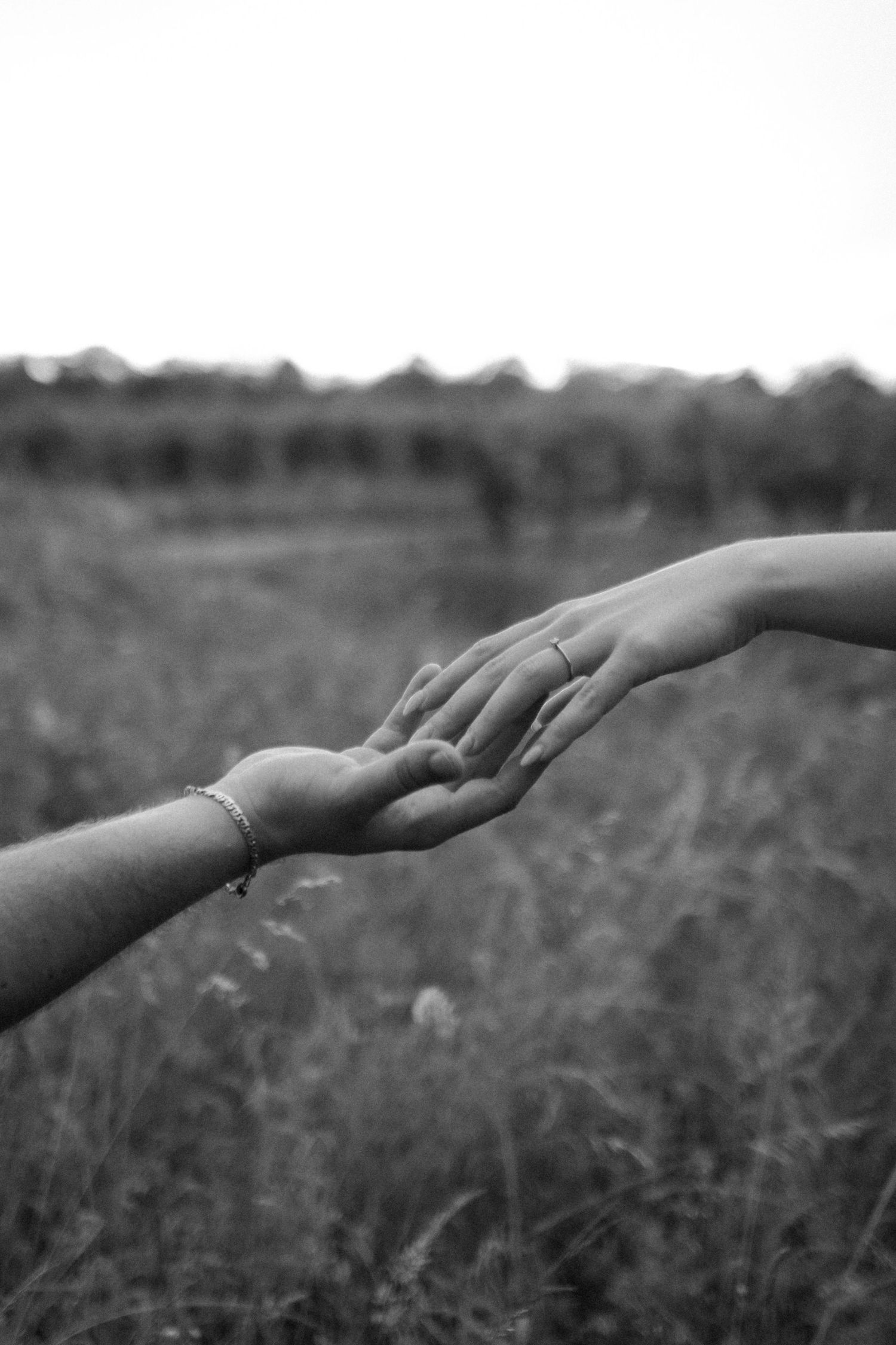 Artistic black and white close-up of hands reaching across a field of grass.