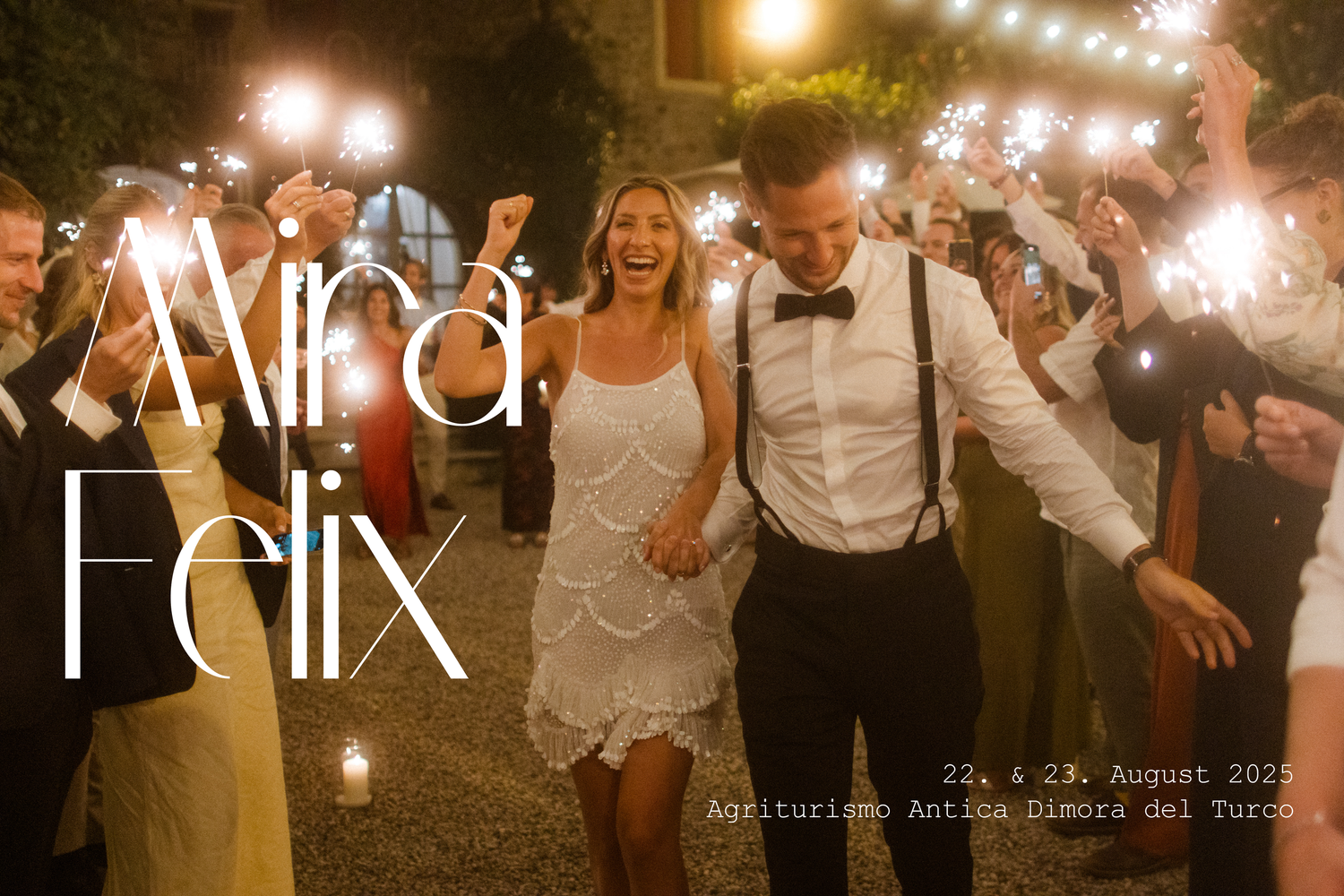 Wedding guests dance and celebrate under warm string lights at an outdoor evening reception.