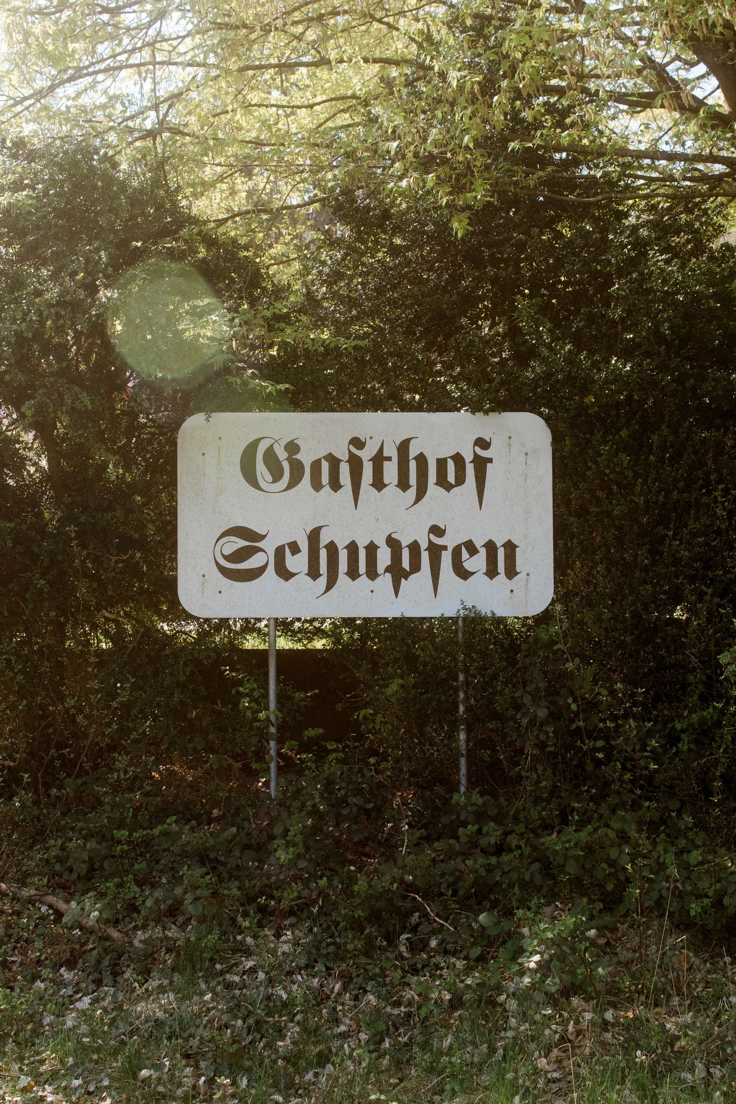 Vintage white sign reading Gasthof Schupfen in Gothic script, surrounded by lush green trees and foliage.