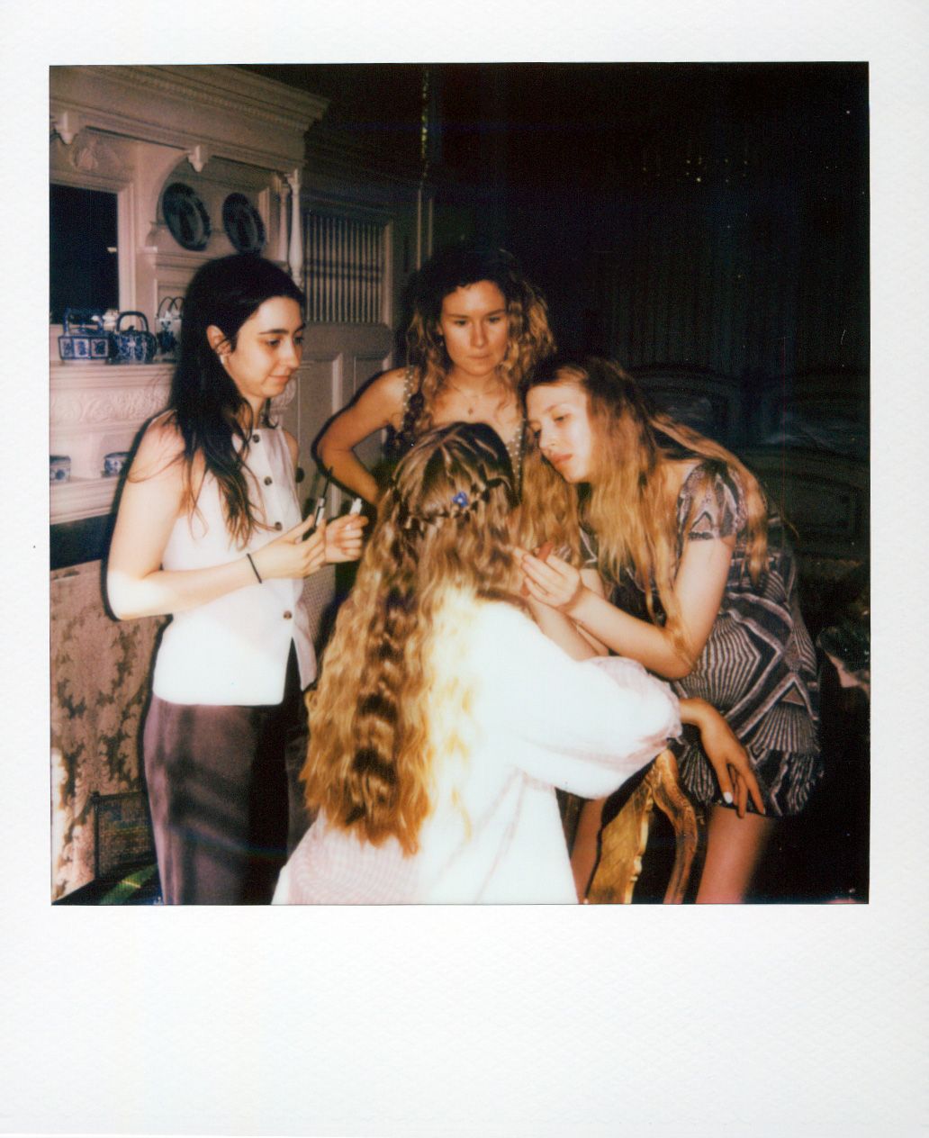 Group of friends dancing and socializing at a party in vintage-style photographs.