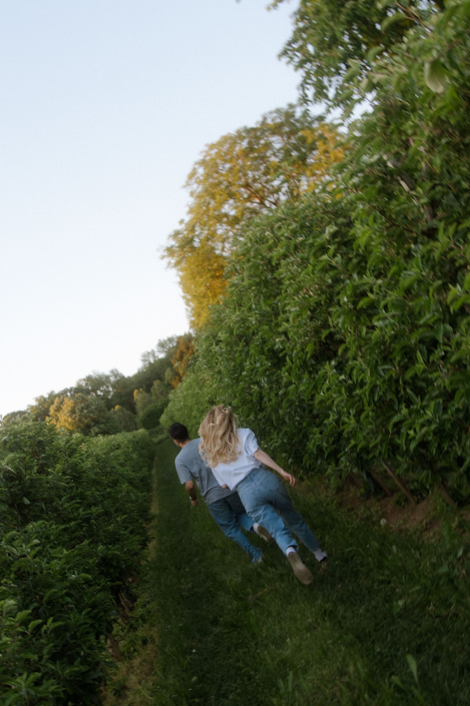 Two people lay in the grass together during a sunny afternoon in nature.