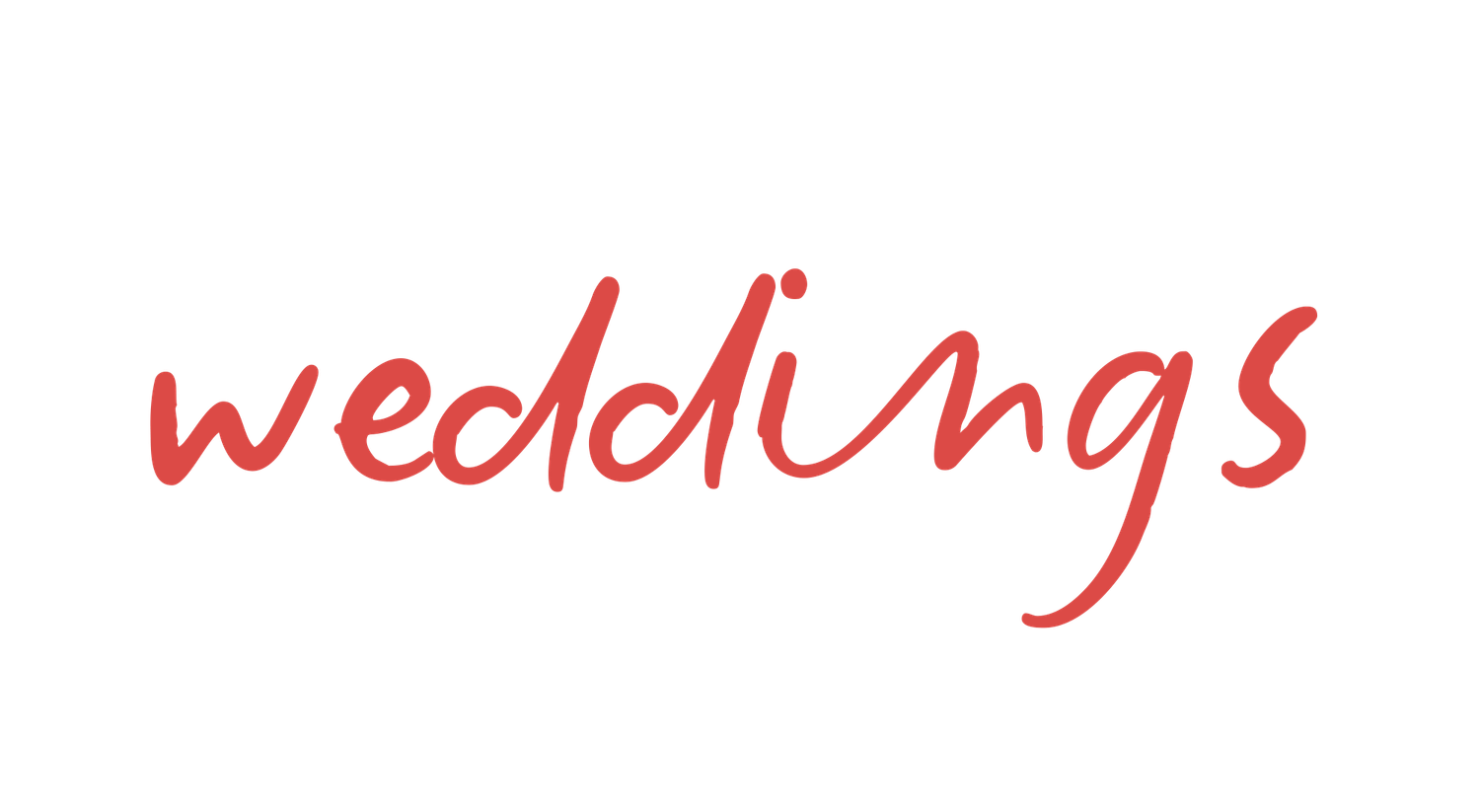Handwritten red text saying 'weddings' in cursive calligraphy style.