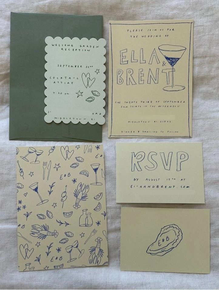 Minimalist wedding stationery set with floral patterns and martini glass illustration in navy and beige.