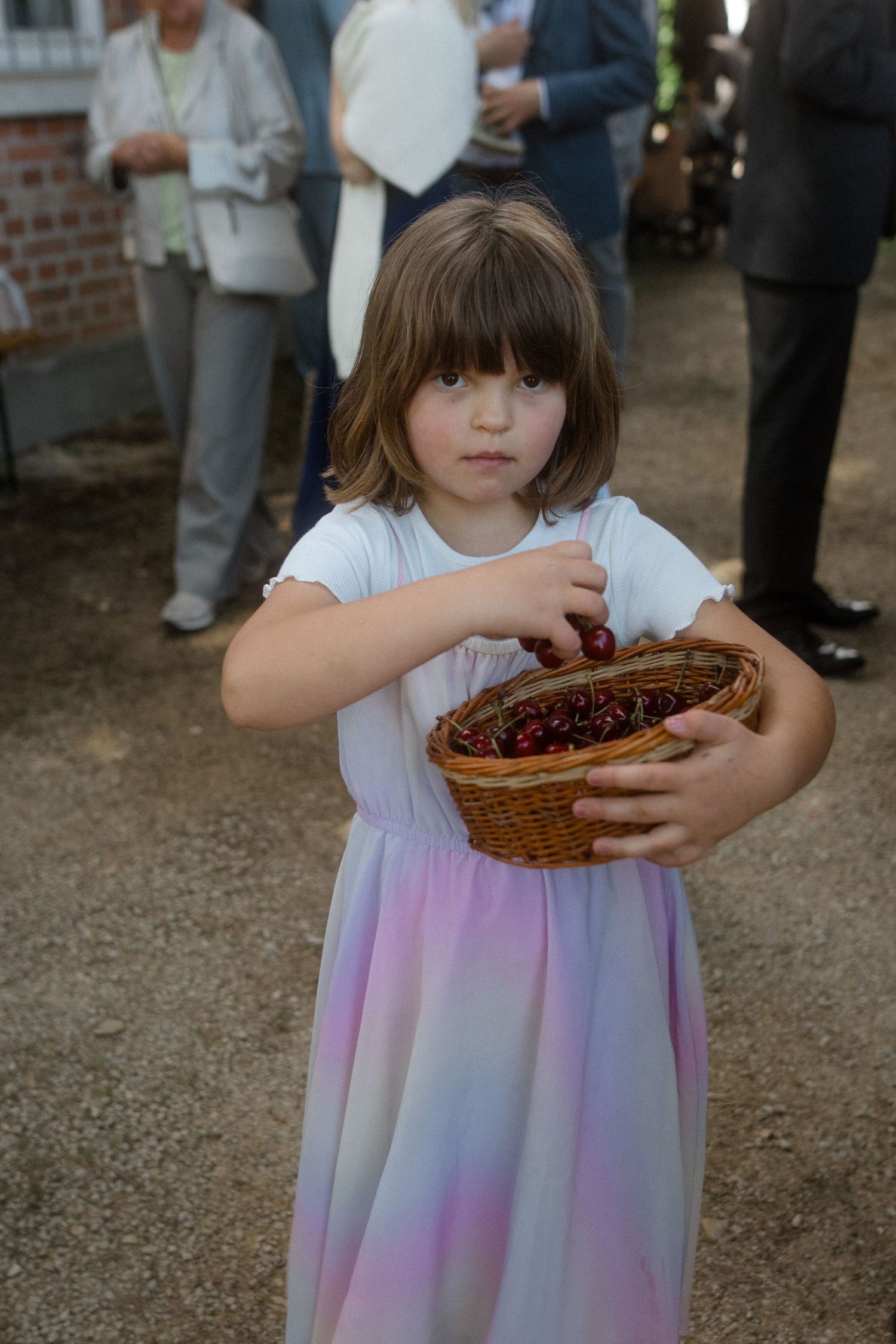 Young child in pastel dress holding basket of cherries at outdoor gathering.