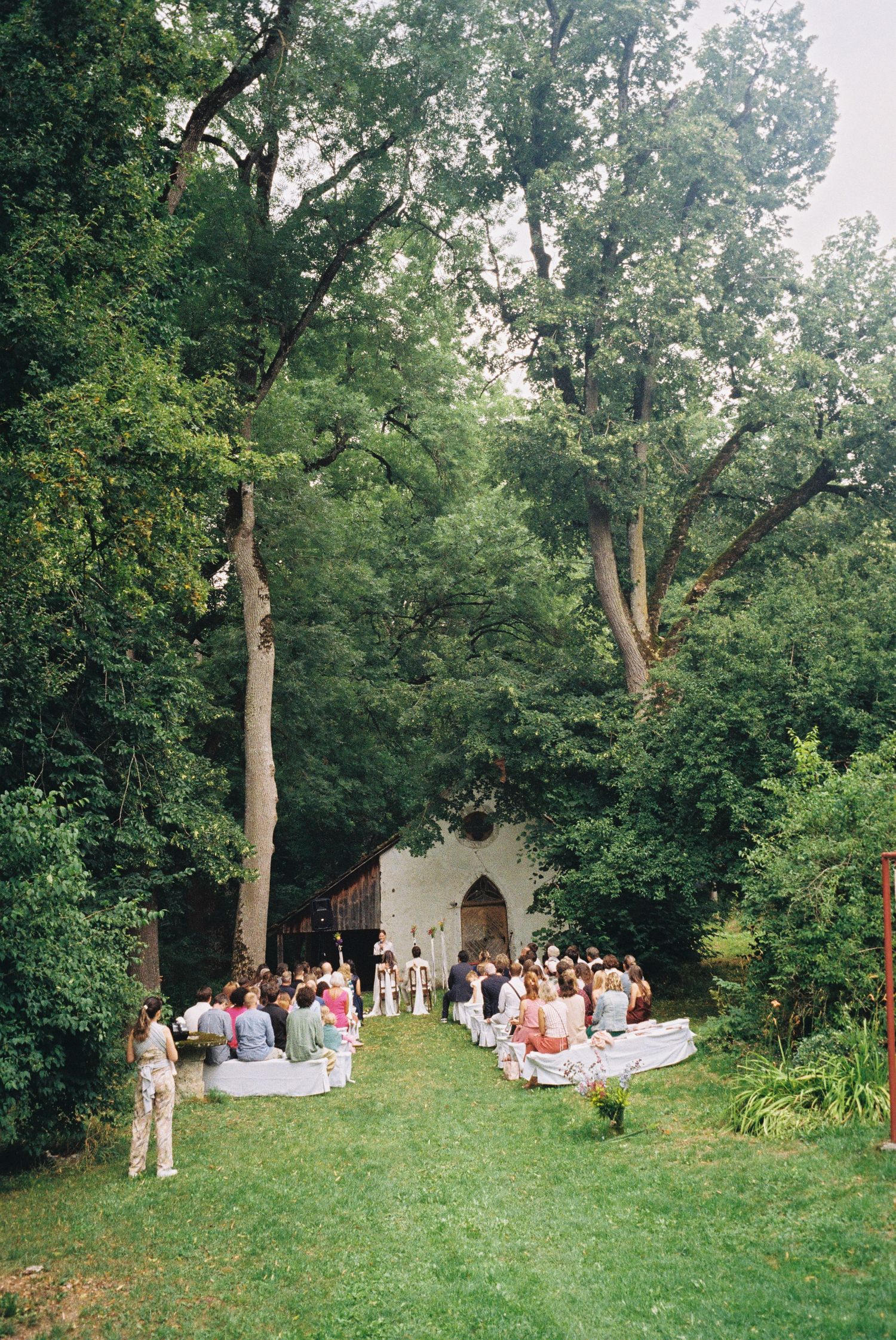 An outdoor wedding ceremony set in a lush green forest with guests seated on white chairs along a tree-lined path.
