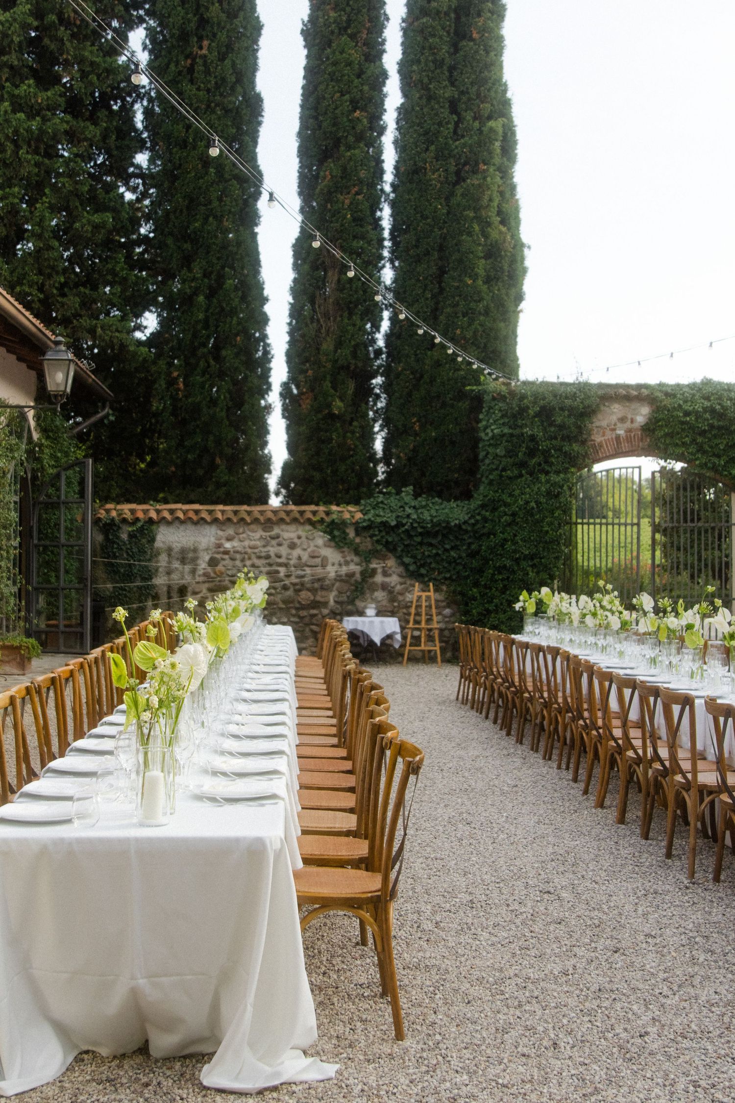 Elegant outdoor wedding reception setup with long tables and cypress trees.