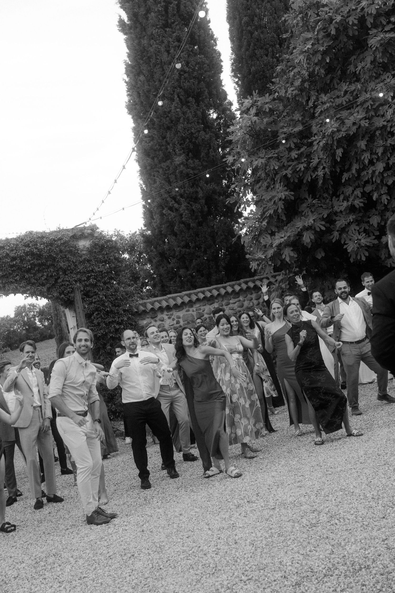Large group of wedding guests form a line dance outdoors during a celebration.