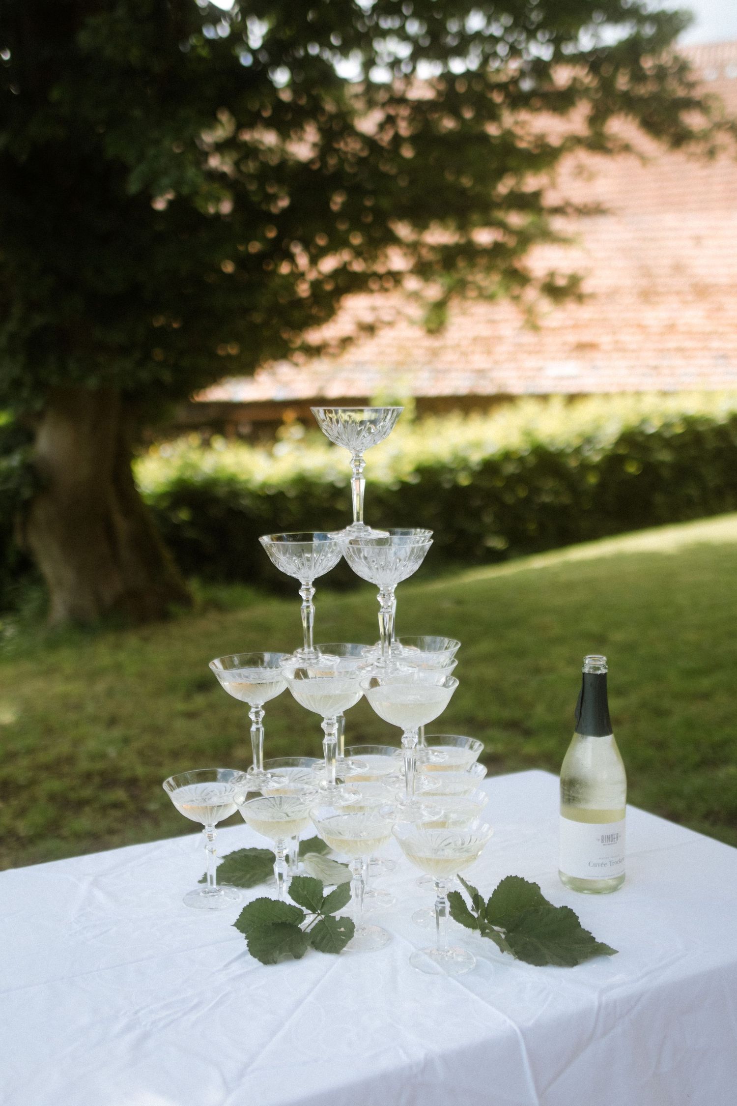 Crystal champagne coupe tower setup on white tablecloth with bottle and leaves in garden setting.