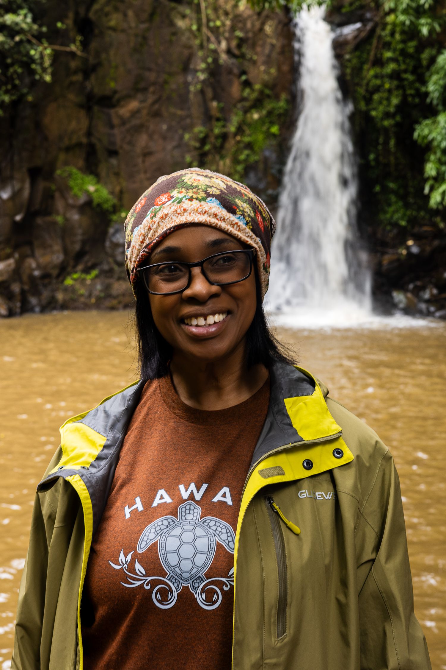 Portrait in front of the Kauai waterfall