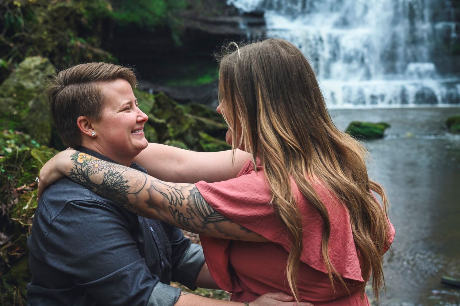 Waterfall engagement session, Evins Mill, Smithville, TN. LGBTQ+ friendly photographers