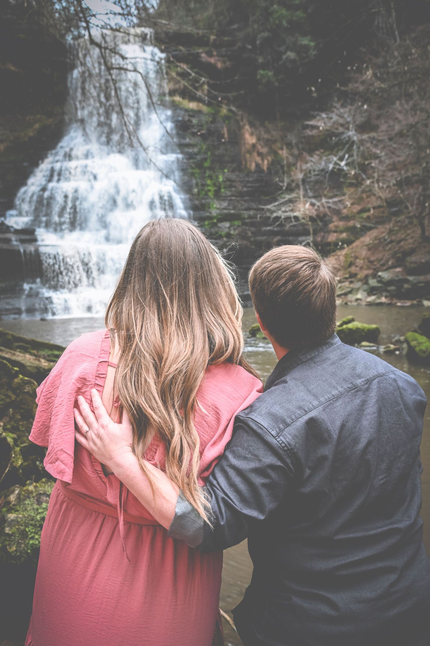 Waterfall engagement session, Evins Mill, Smithville, TN. LGBTQ+ friendly photographers