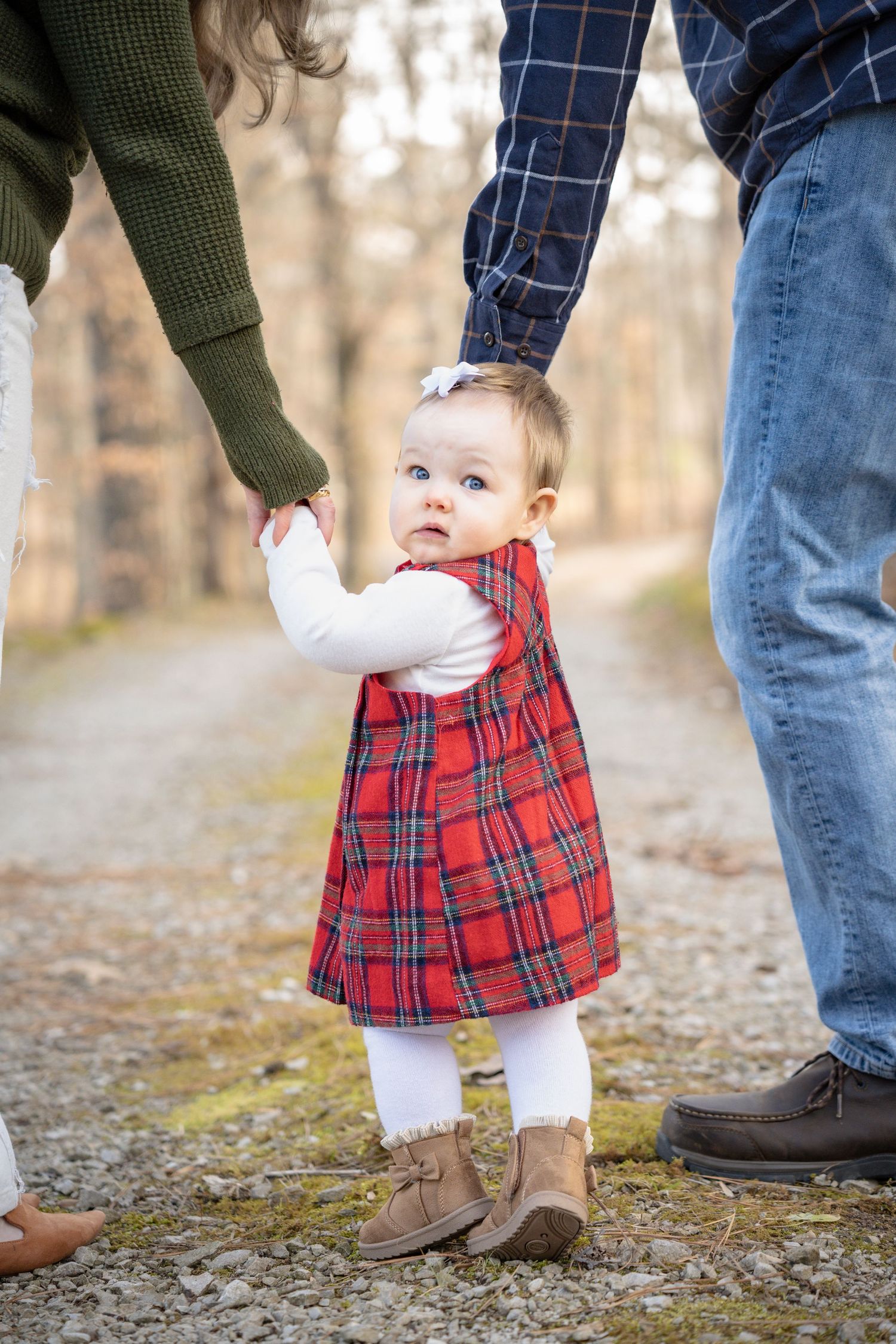 Toddler girl in red plaid dress holds parents hands on a wooded path during a family photo session.