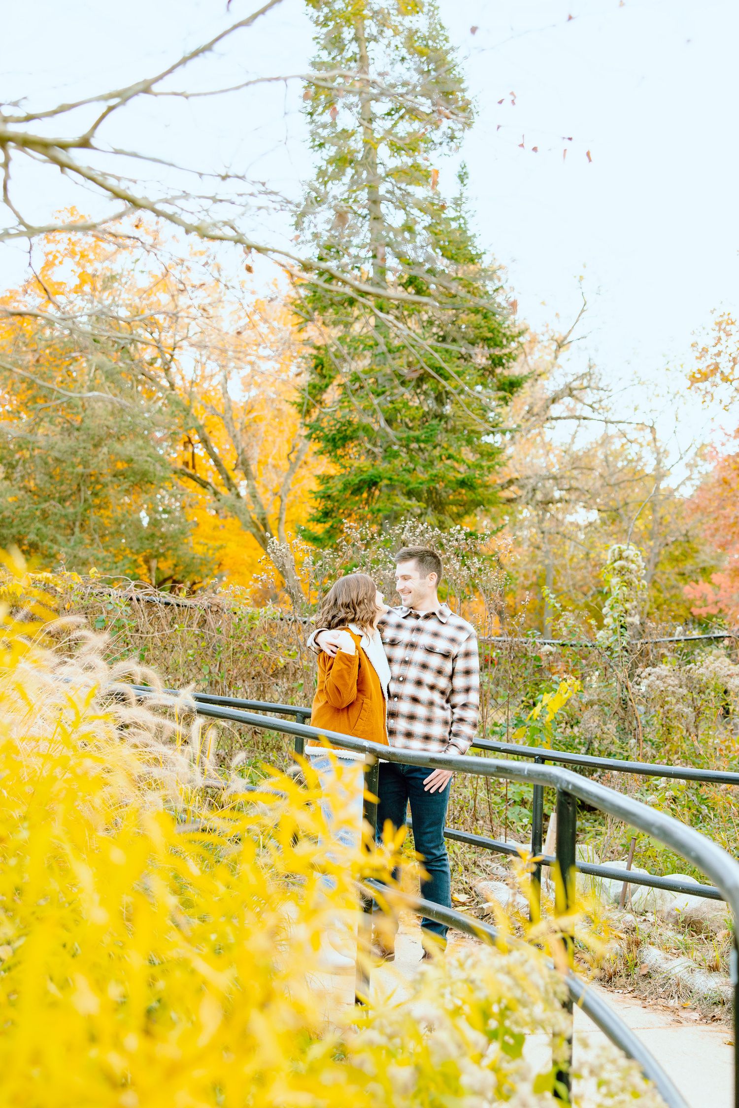 Engaged couple embracing at Nichols Arboretum fall engagement session in Ann Arbor, MI