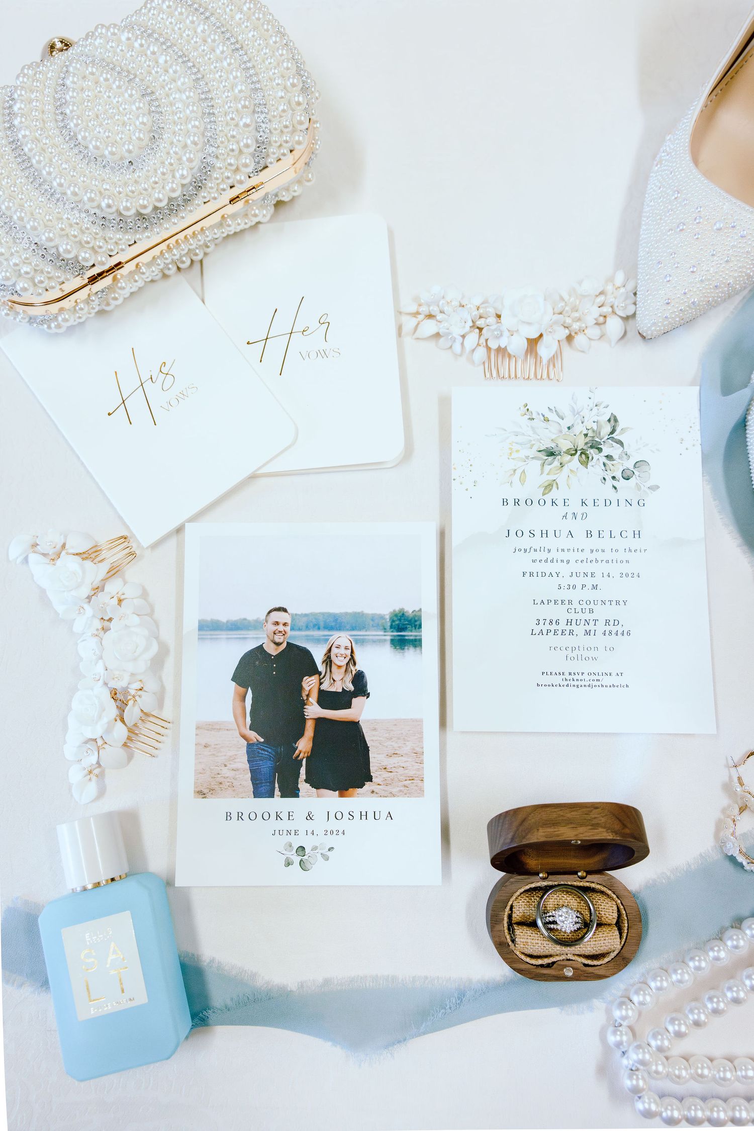 Detail photos of flat lay at Lapeer Country Club wedding in Michigan