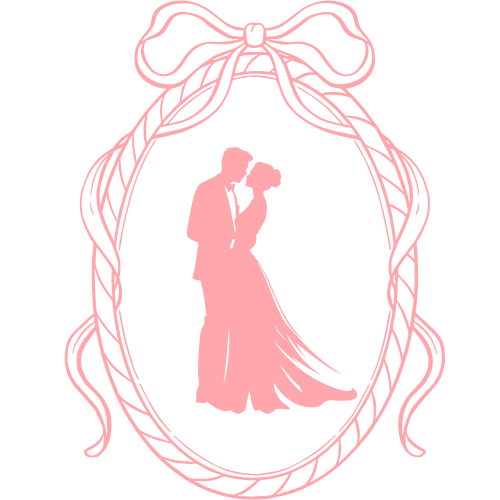 Graphic of couple embracing in bow picture frame
