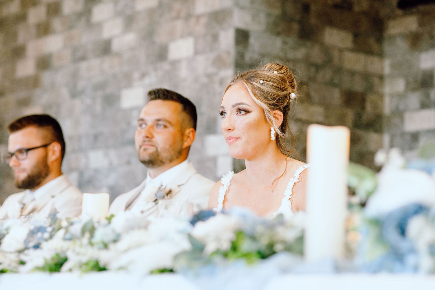 Bride and groom's reaction to Father of the bride speech at Lapeer Country Club wedding in Michigan