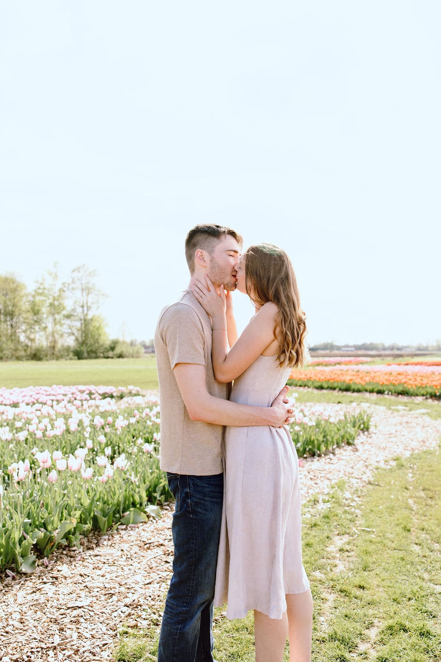 Engaged couple kissing at DeBuck's tulip field spring engagement session in Belleville, MI