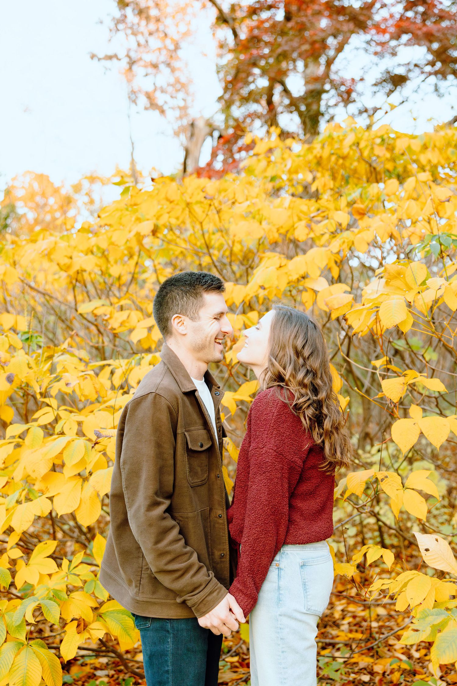 Engaged couple embracing at Nichols Arboretum fall engagement session in Ann Arbor, MI