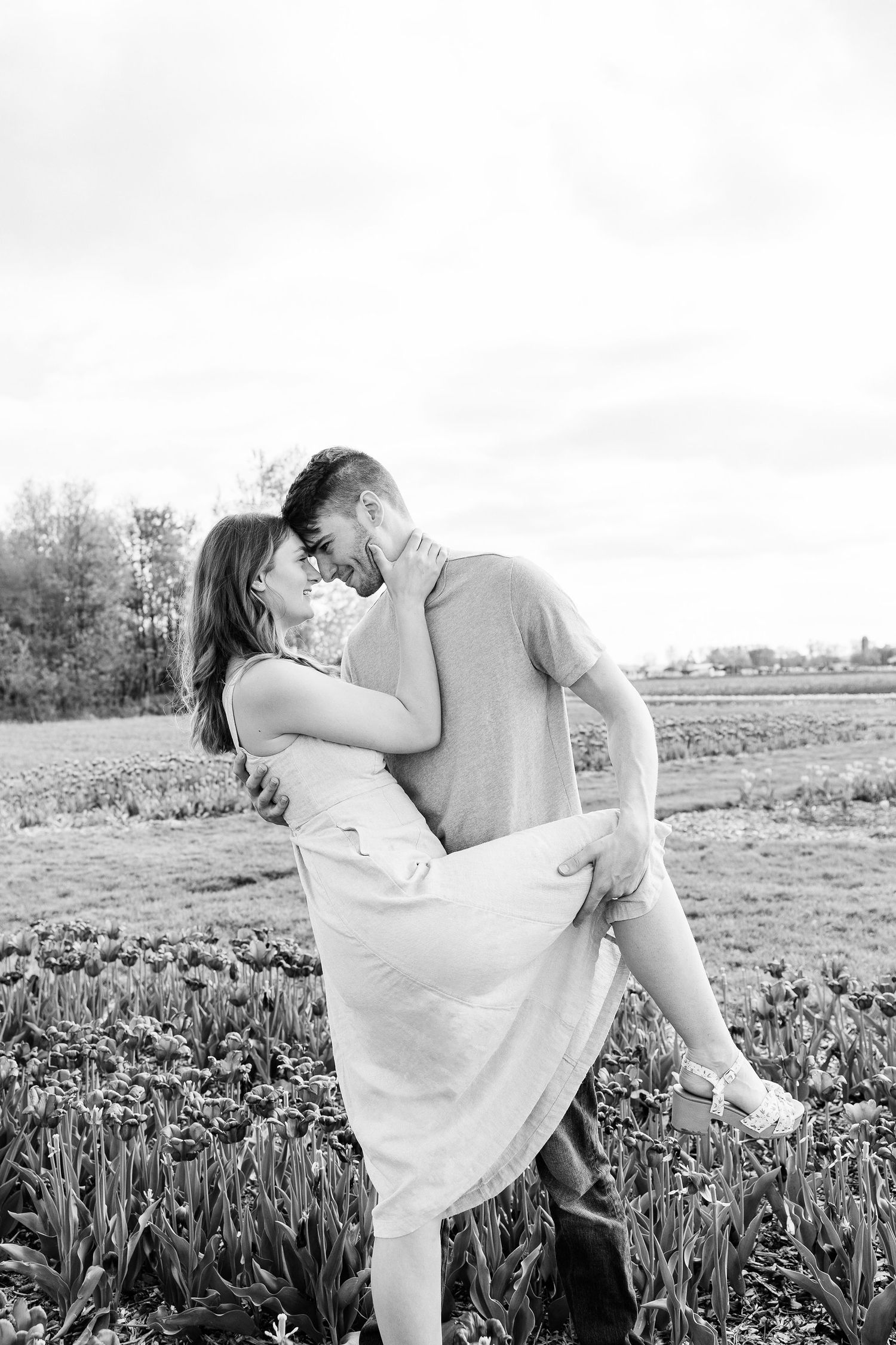 Engaged couple dipping at DeBuck's tulip field spring engagement session in Belleville, MI