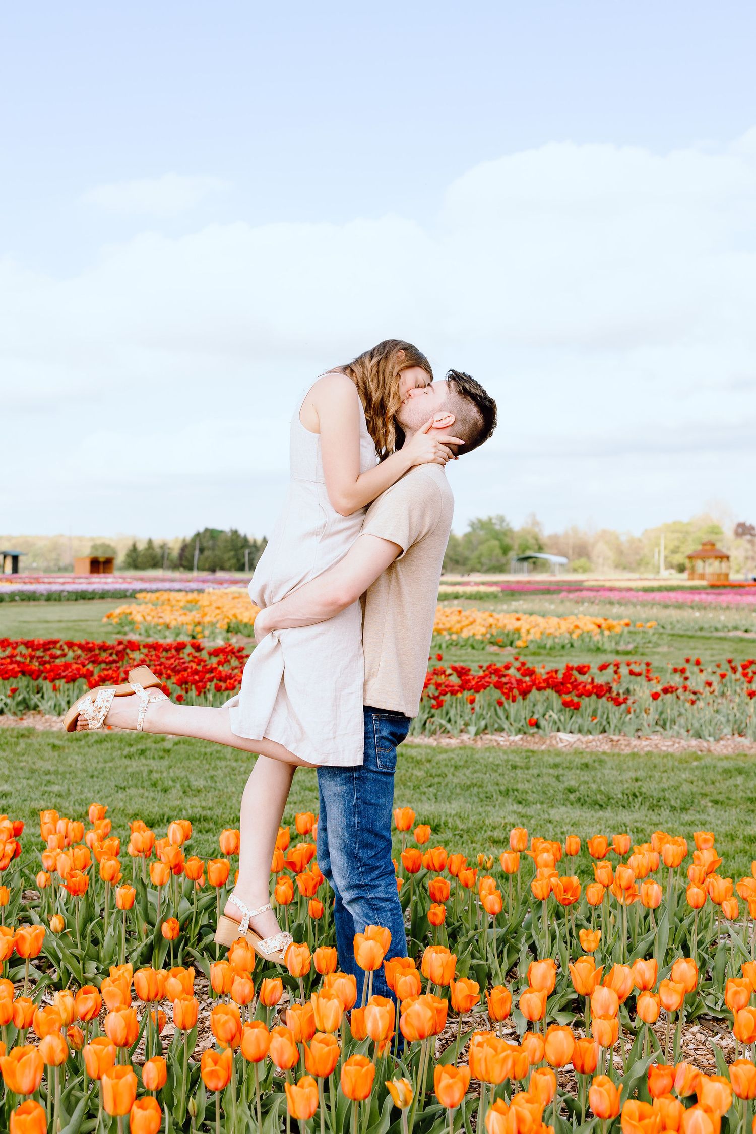 Man lifting woman at DeBuck's tulip field engagement session in Belleville, MI
Engaged couple sitting on cabin at DeBuck's tulip field
