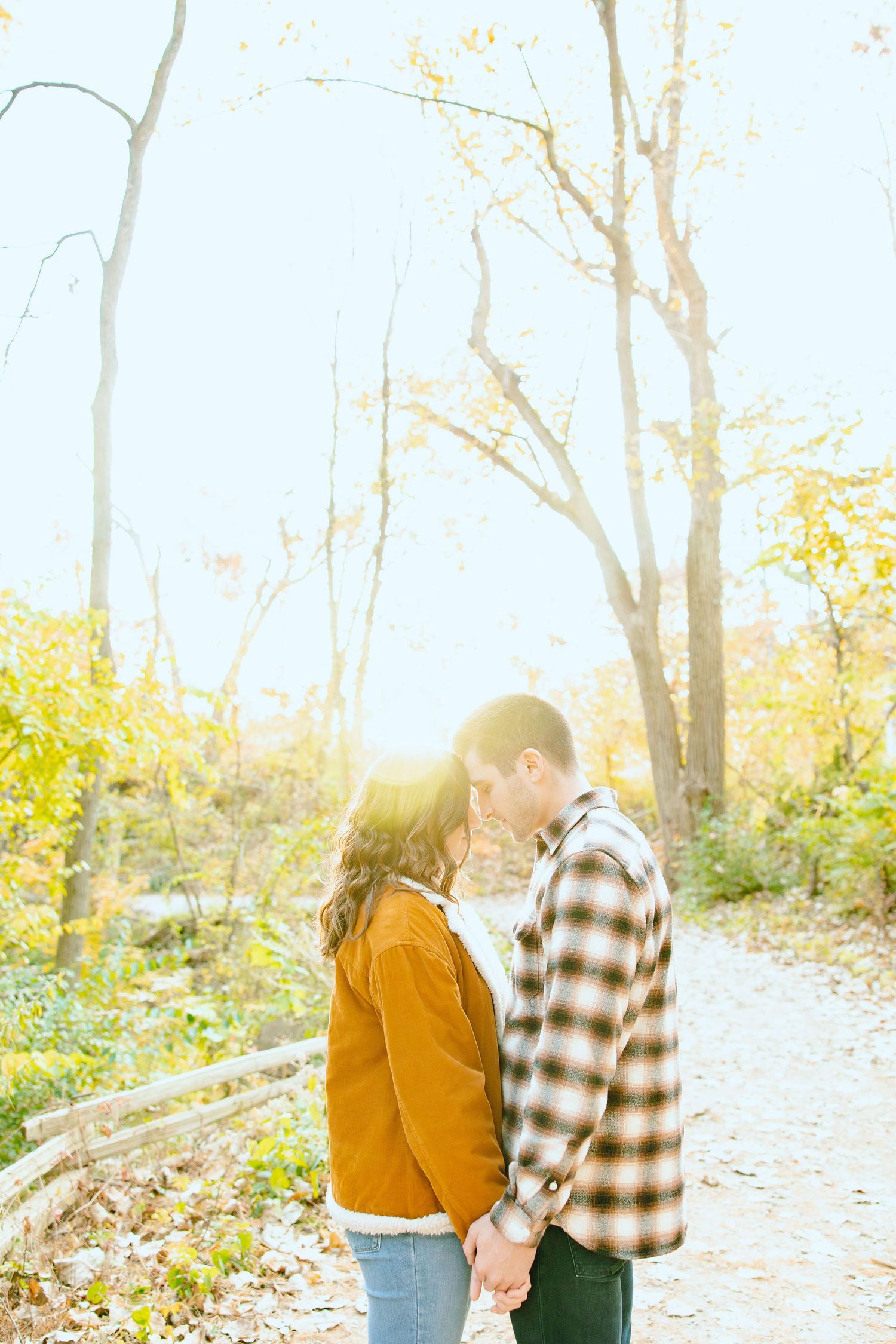 Engaged couple embracing in forest at Nichols Arboretum fall engagement session in Ann Arbor, MI