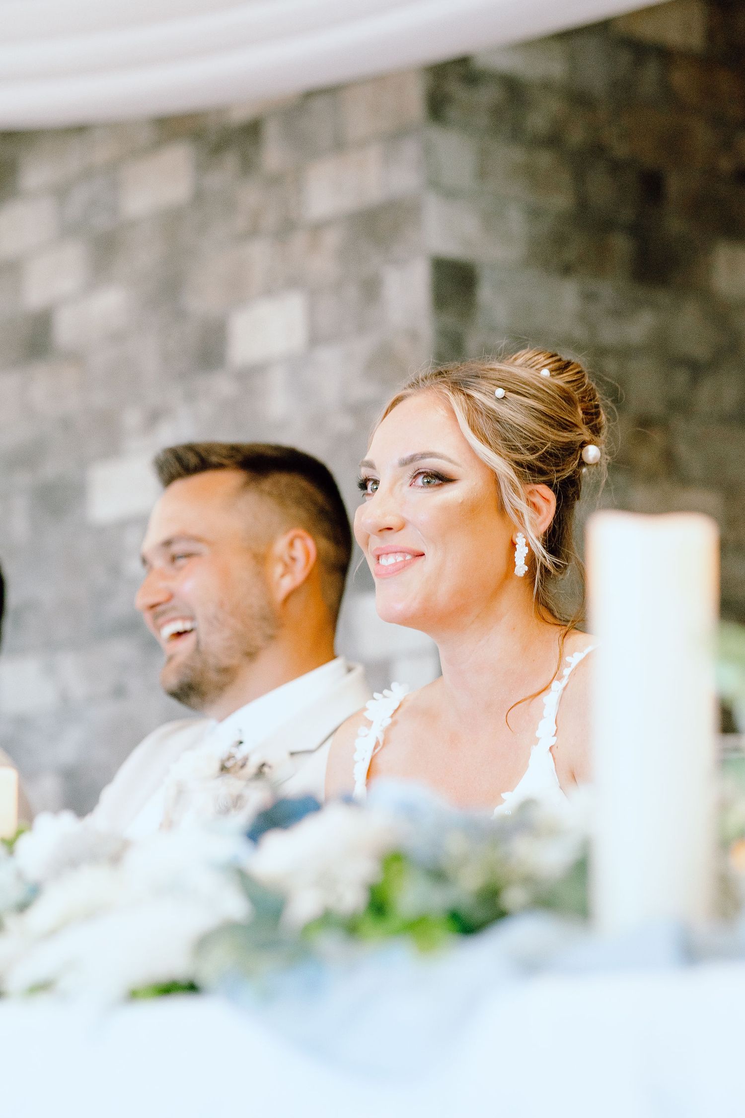 Bride and groom's reaction to Father of the bride speech at Lapeer Country Club wedding in Michigan
