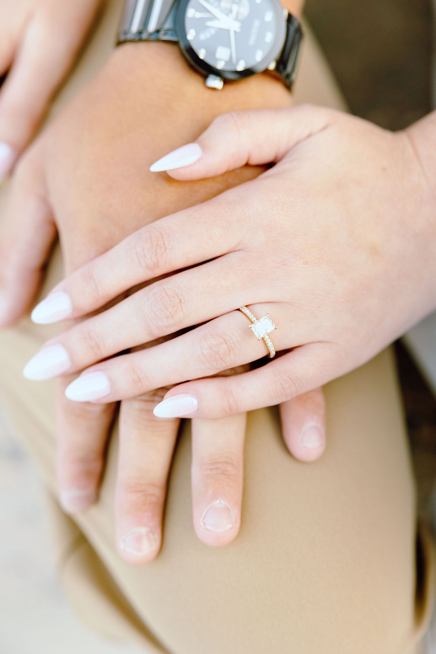 Detail photo of engagement ring at Michigan Central Station in Detroit, MI