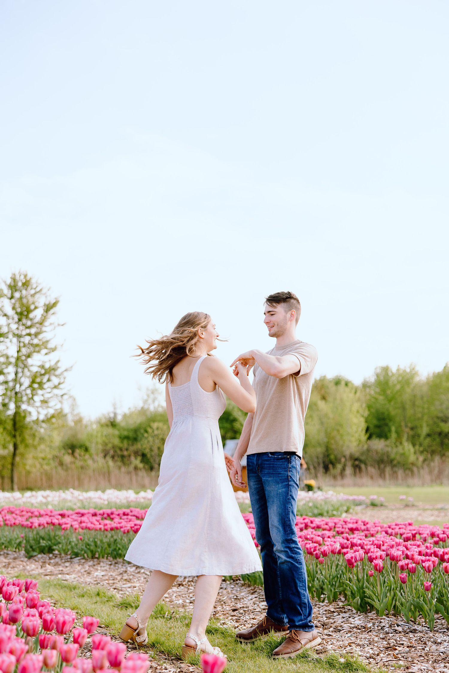 Engaged couple twirling at DeBuck's tulip field spring engagement session in Belleville, MI