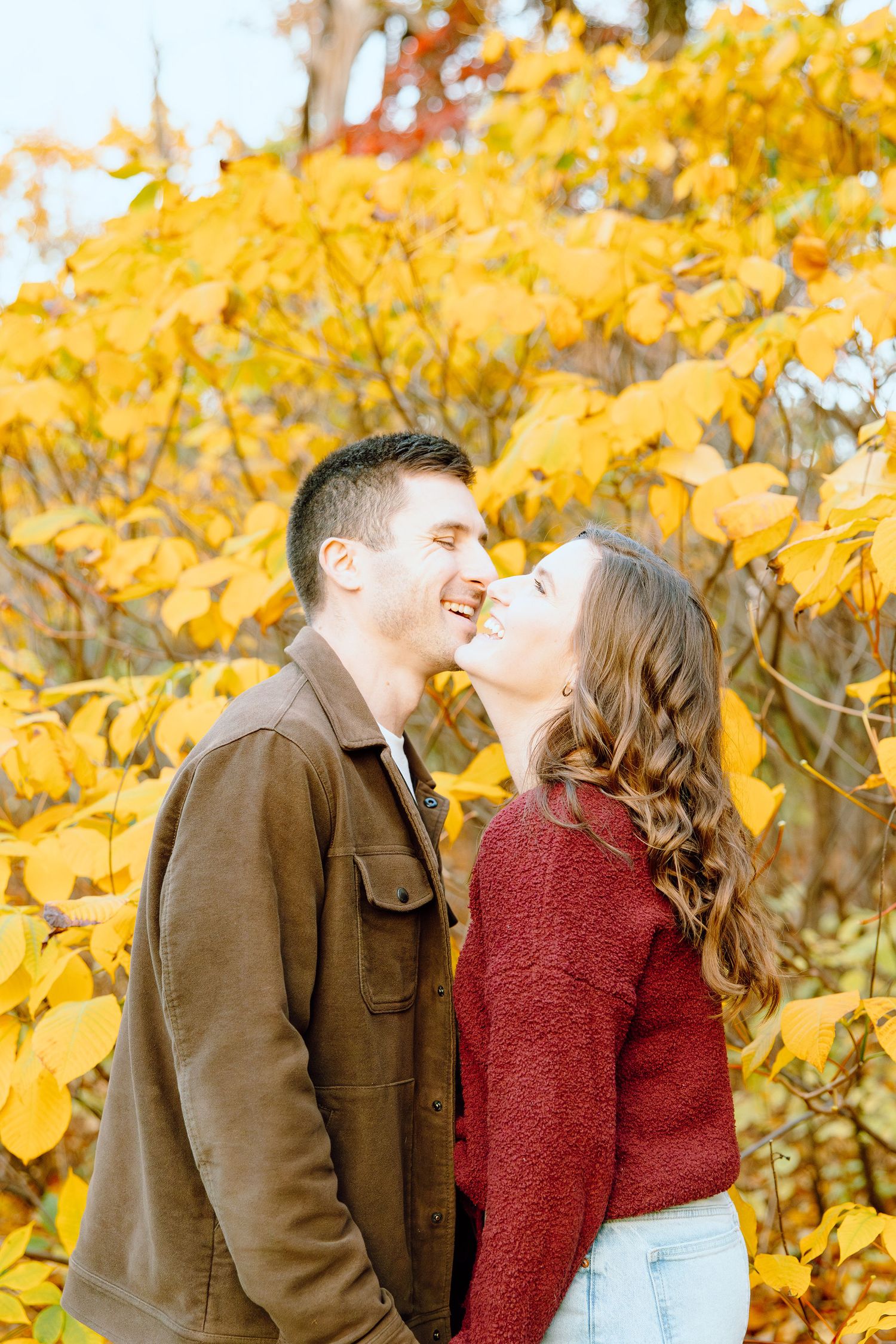 Engaged couple embracing at Nichols Arboretum fall engagement session in Ann Arbor, MI
