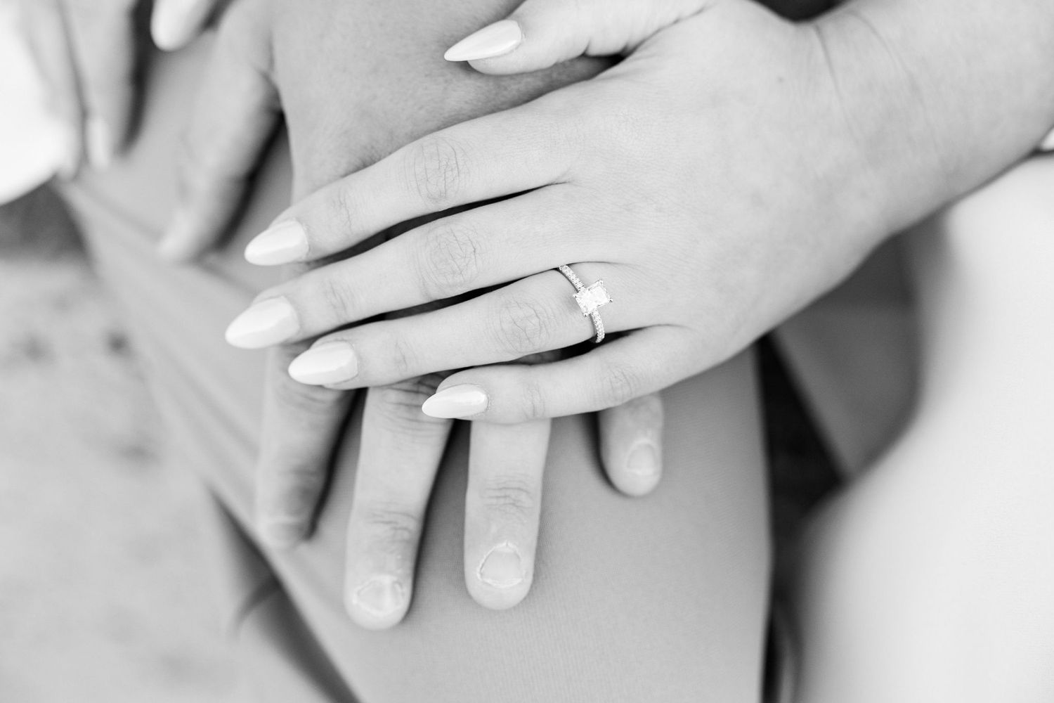 Detail photo of engagement ring at Michigan Central Station in Detroit, MI
