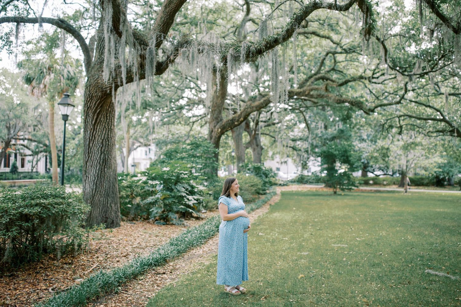 Spanish moss hangs from large oak trees creating a romantic outdoor setting for a couple's photoshoot.
