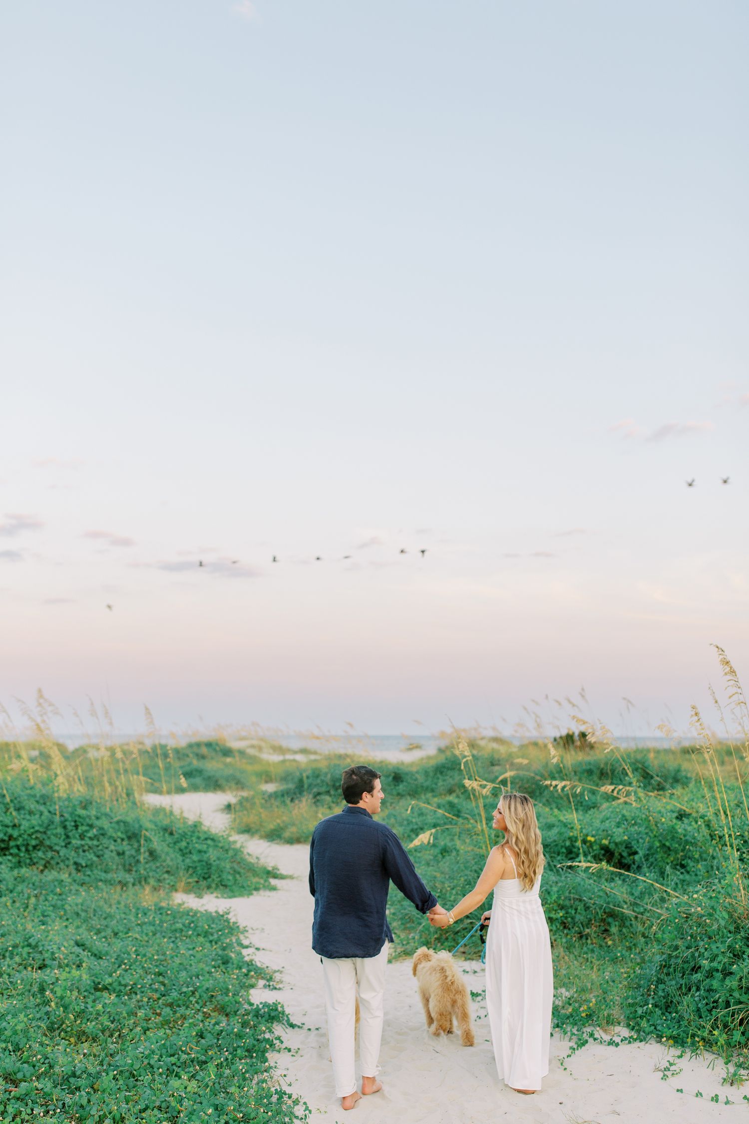 Couple walking with dog on coastal path during sunset engagement session.