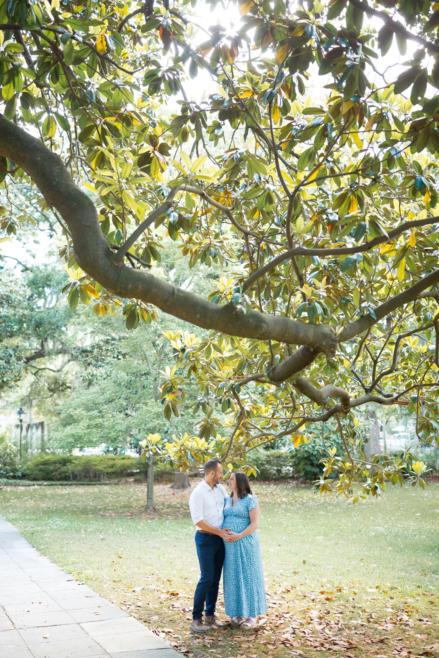 Couple shares intimate moments under magnolia trees with sunlight filtering through leaves.