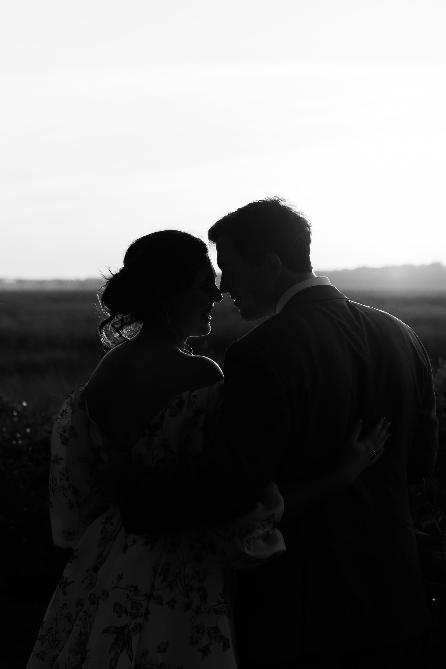 Silhouetted romantic portraits against a dusky horizon.