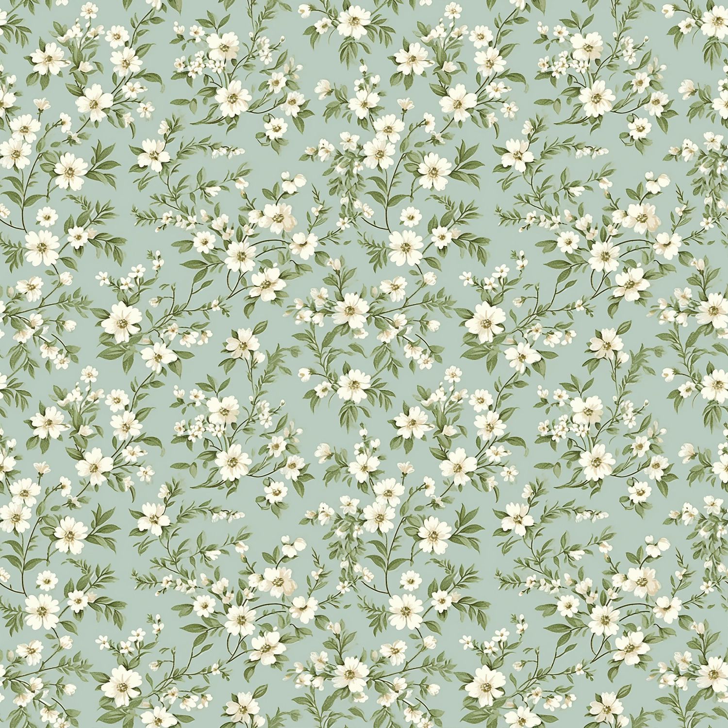Delicate white floral pattern with small blooms and green leaves on a soft sage green background in vintage style.