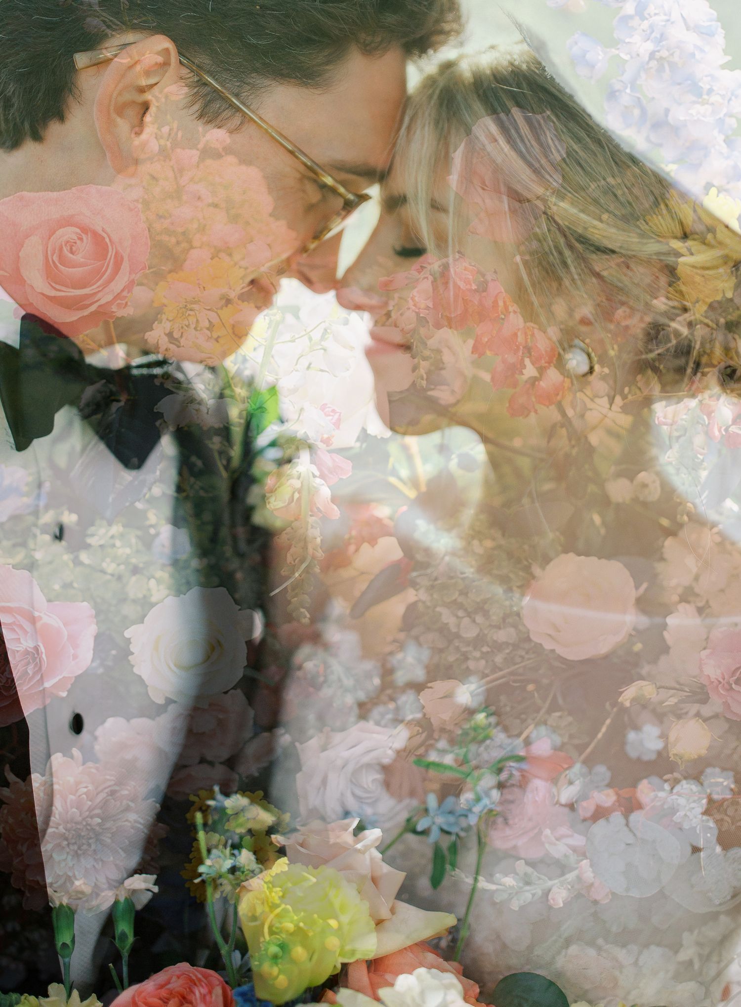 A romantic wedding scene with floral decorations and soft pink overlays creating a dreamy atmosphere.