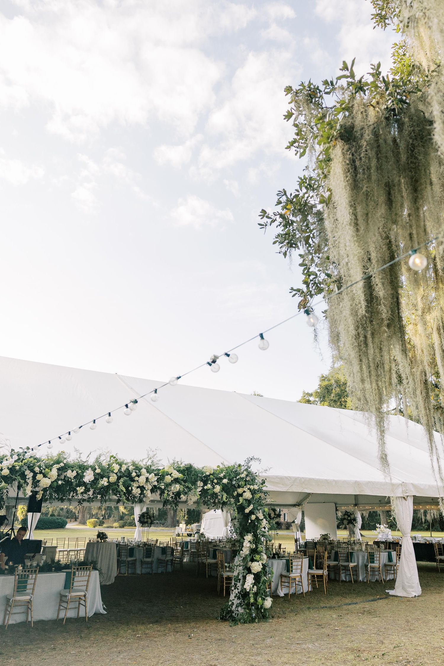 White wedding tent decorated with string lights and Spanish moss hanging from trees creates an elegant outdoor reception setting.